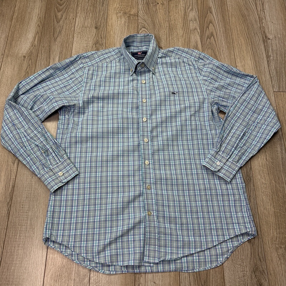 Vineyard Vines Whale Shirt Mens Medium Blue Plaid Slim Fit Long Sleeve Button